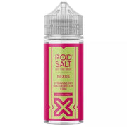 A 100ml bottle of Pod Salt Nexus Strawberry Watermelon Kiwi flavored e-liquid for vaping with a clear label and bubble cap.